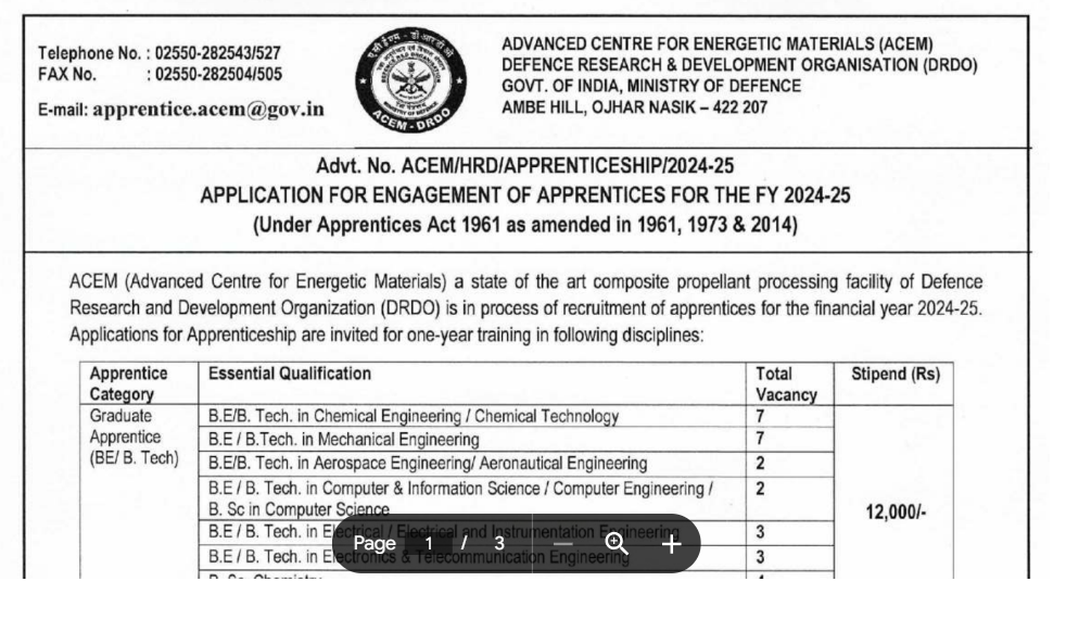 DRDO ACEM Bharti 2024