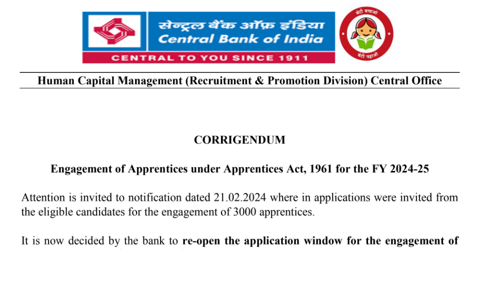 Central Bank of India Apprentice 2024